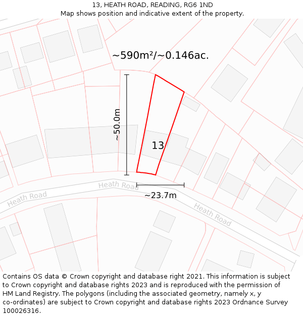 13, HEATH ROAD, READING, RG6 1ND: Plot and title map