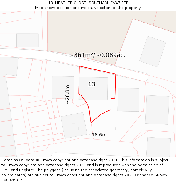 13, HEATHER CLOSE, SOUTHAM, CV47 1ER: Plot and title map