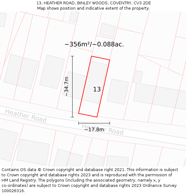 13, HEATHER ROAD, BINLEY WOODS, COVENTRY, CV3 2DE: Plot and title map