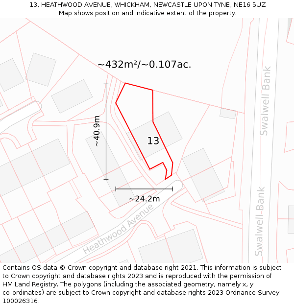 13, HEATHWOOD AVENUE, WHICKHAM, NEWCASTLE UPON TYNE, NE16 5UZ: Plot and title map