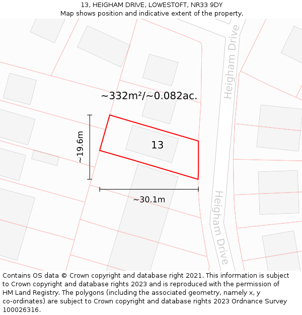 13, HEIGHAM DRIVE, LOWESTOFT, NR33 9DY: Plot and title map