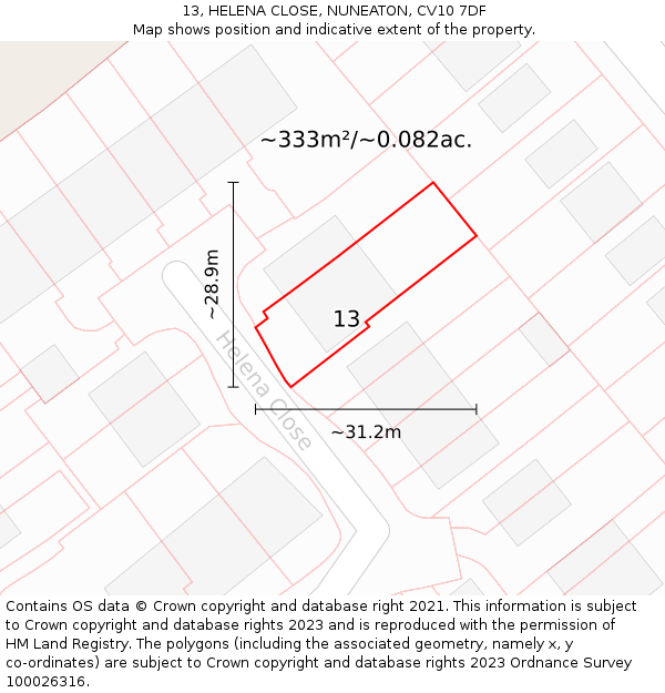 13, HELENA CLOSE, NUNEATON, CV10 7DF: Plot and title map