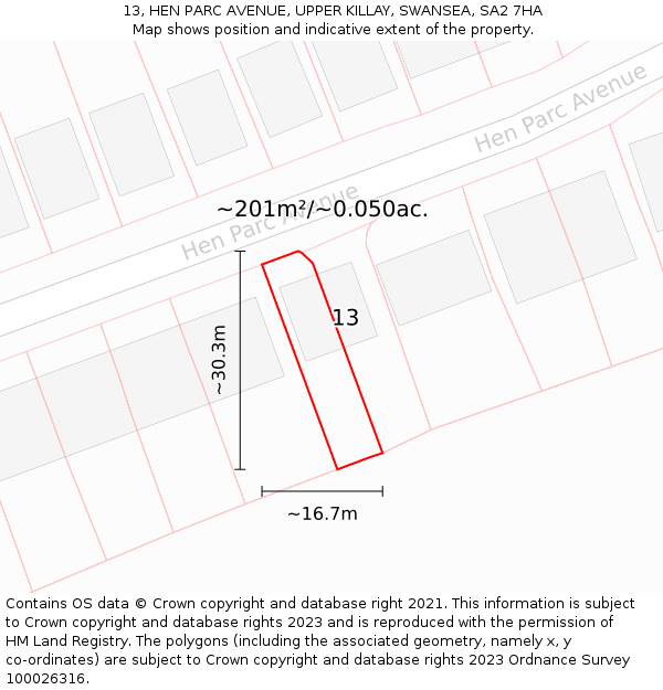 13, HEN PARC AVENUE, UPPER KILLAY, SWANSEA, SA2 7HA: Plot and title map