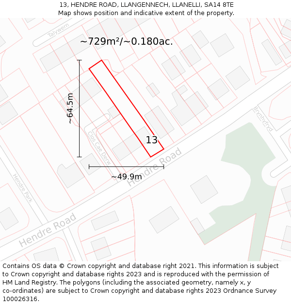13, HENDRE ROAD, LLANGENNECH, LLANELLI, SA14 8TE: Plot and title map