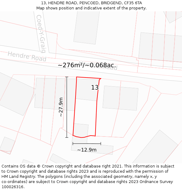 13, HENDRE ROAD, PENCOED, BRIDGEND, CF35 6TA: Plot and title map