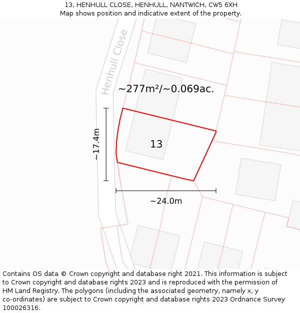 13, HENHULL CLOSE, HENHULL, NANTWICH, CW5 6XH: Plot and title map