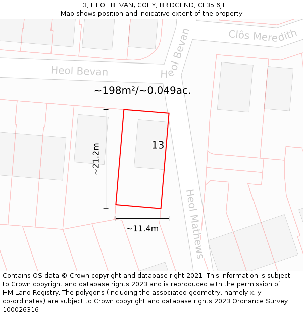 13, HEOL BEVAN, COITY, BRIDGEND, CF35 6JT: Plot and title map