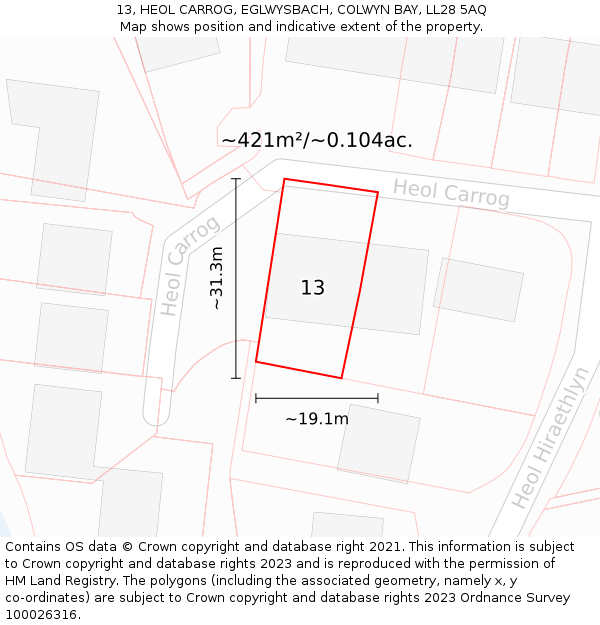 13, HEOL CARROG, EGLWYSBACH, COLWYN BAY, LL28 5AQ: Plot and title map