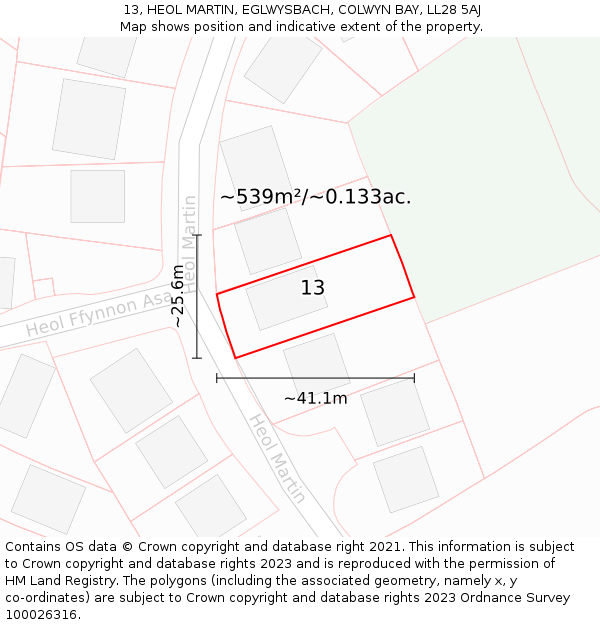 13, HEOL MARTIN, EGLWYSBACH, COLWYN BAY, LL28 5AJ: Plot and title map