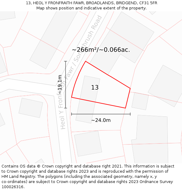 13, HEOL Y FRONFRAITH FAWR, BROADLANDS, BRIDGEND, CF31 5FR: Plot and title map