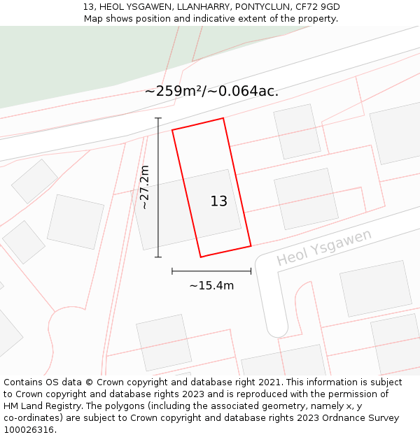 13, HEOL YSGAWEN, LLANHARRY, PONTYCLUN, CF72 9GD: Plot and title map