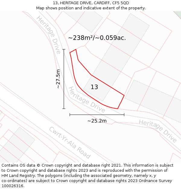 13, HERITAGE DRIVE, CARDIFF, CF5 5QD: Plot and title map