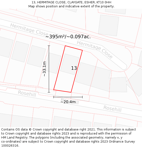13, HERMITAGE CLOSE, CLAYGATE, ESHER, KT10 0HH: Plot and title map