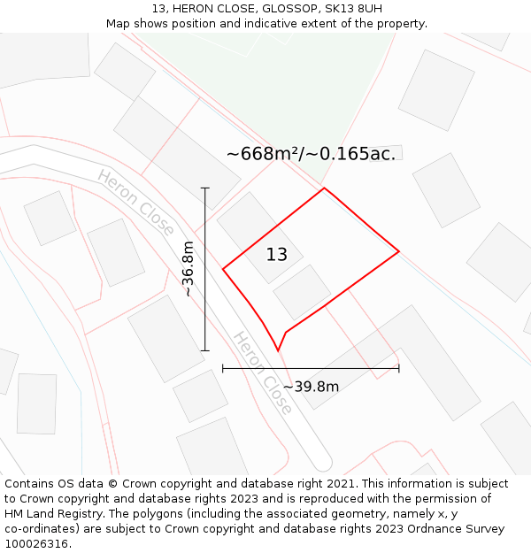 13, HERON CLOSE, GLOSSOP, SK13 8UH: Plot and title map