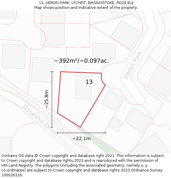 13, HERON PARK, LYCHPIT, BASINGSTOKE, RG24 8UJ: Plot and title map