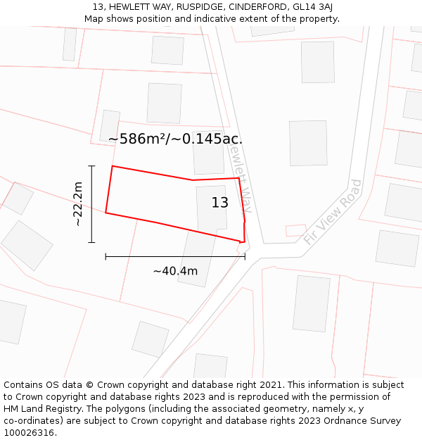 13, HEWLETT WAY, RUSPIDGE, CINDERFORD, GL14 3AJ: Plot and title map