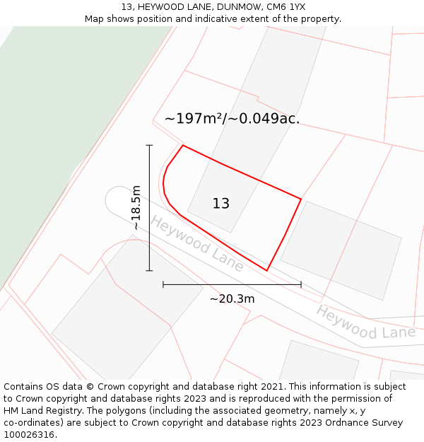 13, HEYWOOD LANE, DUNMOW, CM6 1YX: Plot and title map