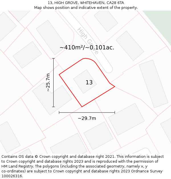 13, HIGH GROVE, WHITEHAVEN, CA28 6TA: Plot and title map
