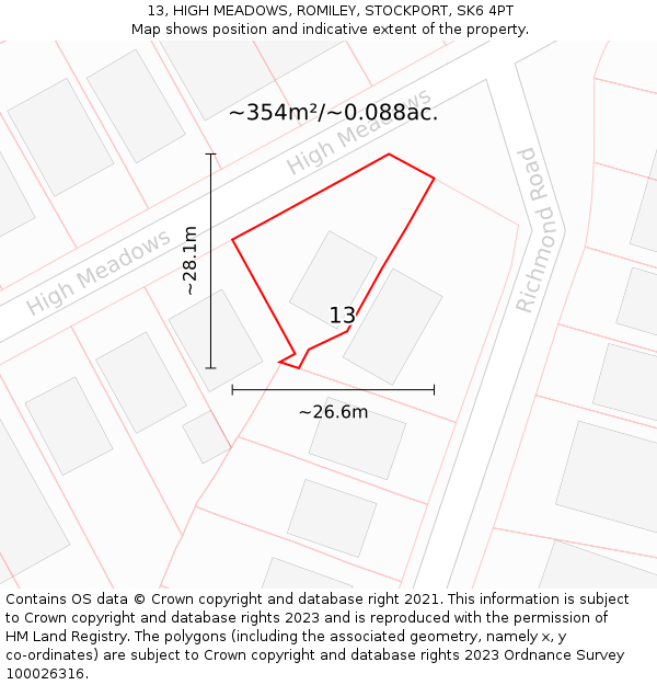 13, HIGH MEADOWS, ROMILEY, STOCKPORT, SK6 4PT: Plot and title map
