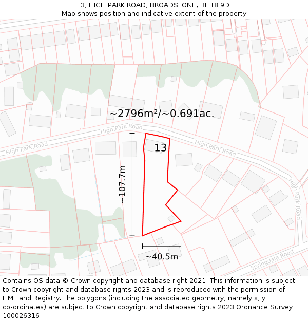 13, HIGH PARK ROAD, BROADSTONE, BH18 9DE: Plot and title map