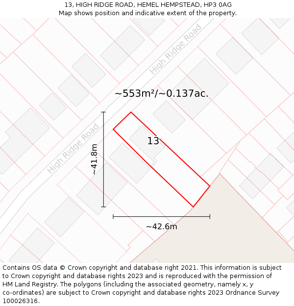 13, HIGH RIDGE ROAD, HEMEL HEMPSTEAD, HP3 0AG: Plot and title map