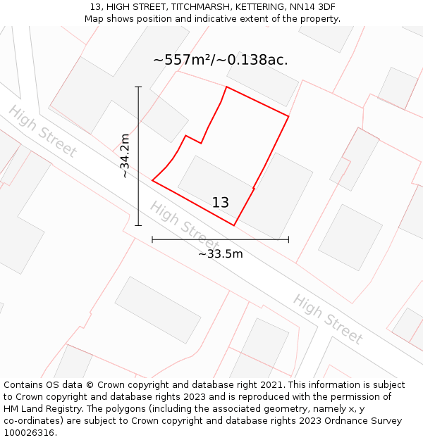13, HIGH STREET, TITCHMARSH, KETTERING, NN14 3DF: Plot and title map