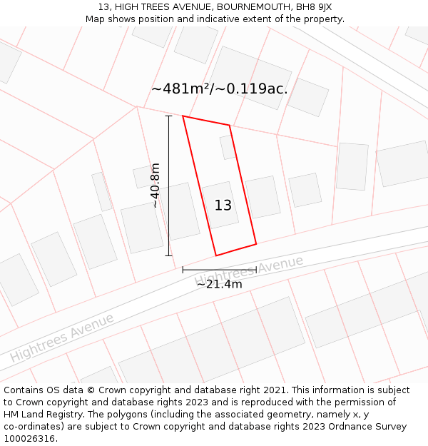 13, HIGH TREES AVENUE, BOURNEMOUTH, BH8 9JX: Plot and title map