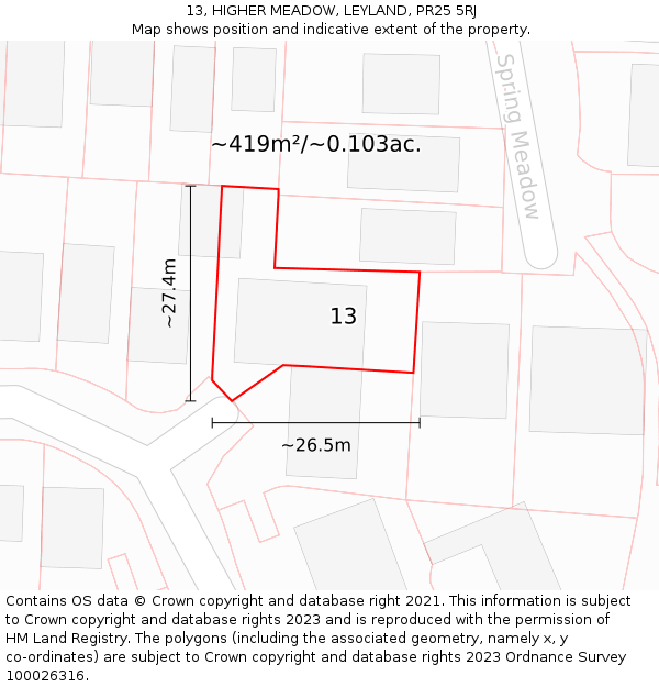 13, HIGHER MEADOW, LEYLAND, PR25 5RJ: Plot and title map