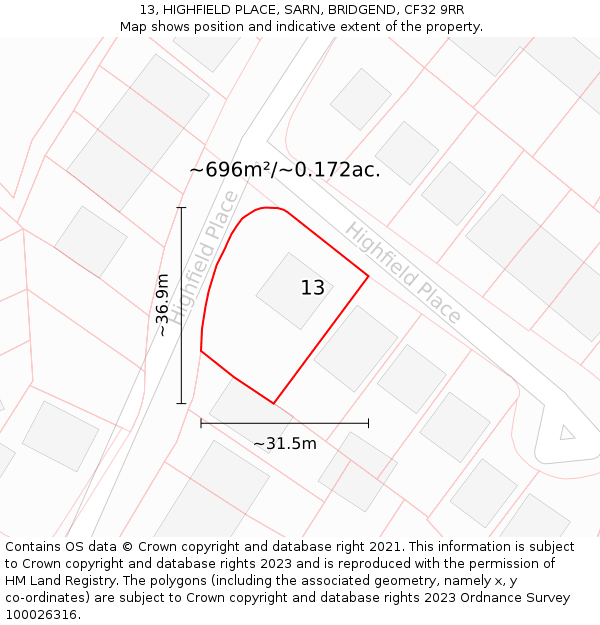 13, HIGHFIELD PLACE, SARN, BRIDGEND, CF32 9RR: Plot and title map