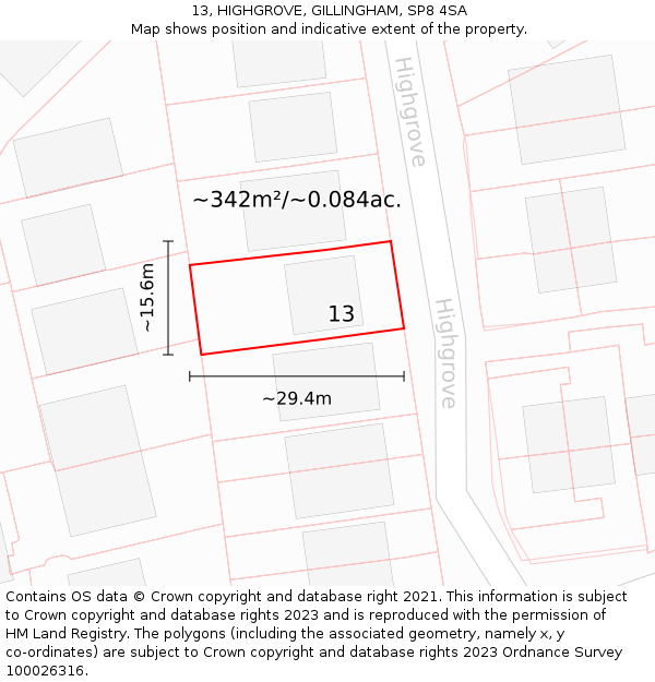 13, HIGHGROVE, GILLINGHAM, SP8 4SA: Plot and title map