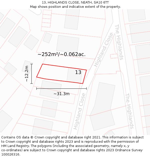 13, HIGHLANDS CLOSE, NEATH, SA10 6TT: Plot and title map