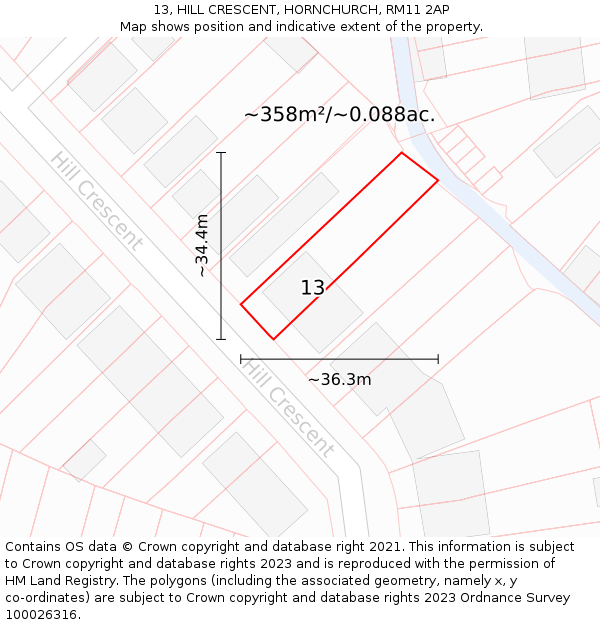 13, HILL CRESCENT, HORNCHURCH, RM11 2AP: Plot and title map