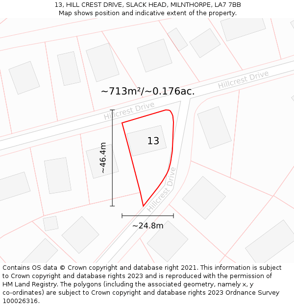 13, HILL CREST DRIVE, SLACK HEAD, MILNTHORPE, LA7 7BB: Plot and title map