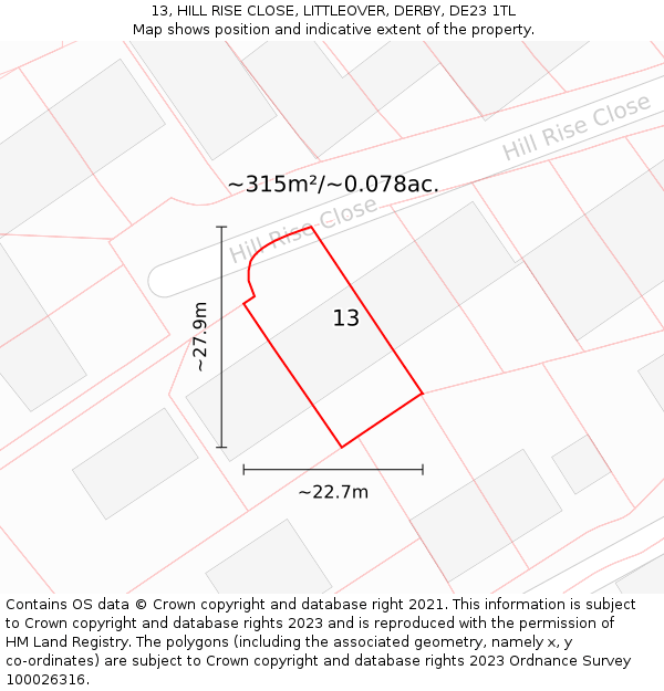 13, HILL RISE CLOSE, LITTLEOVER, DERBY, DE23 1TL: Plot and title map