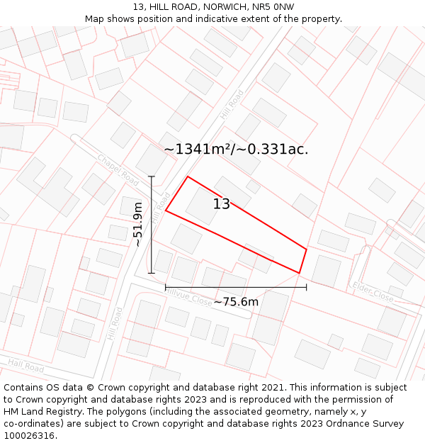 13, HILL ROAD, NORWICH, NR5 0NW: Plot and title map