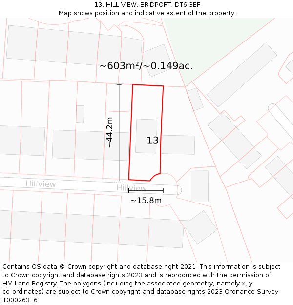13, HILL VIEW, BRIDPORT, DT6 3EF: Plot and title map