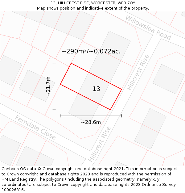 13, HILLCREST RISE, WORCESTER, WR3 7QY: Plot and title map