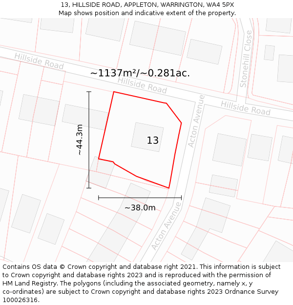 13, HILLSIDE ROAD, APPLETON, WARRINGTON, WA4 5PX: Plot and title map
