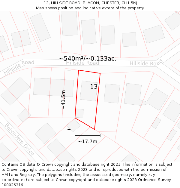 13, HILLSIDE ROAD, BLACON, CHESTER, CH1 5NJ: Plot and title map