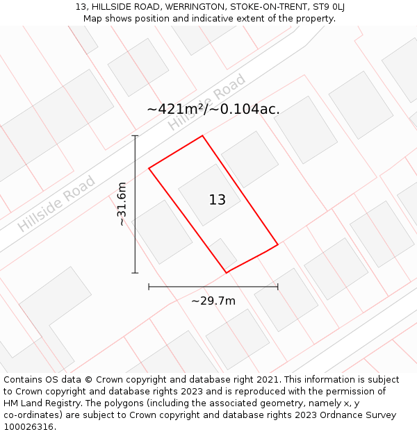 13, HILLSIDE ROAD, WERRINGTON, STOKE-ON-TRENT, ST9 0LJ: Plot and title map