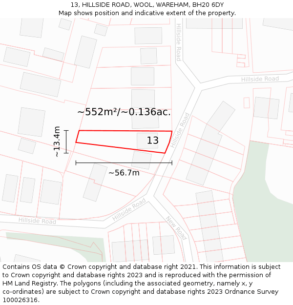 13, HILLSIDE ROAD, WOOL, WAREHAM, BH20 6DY: Plot and title map