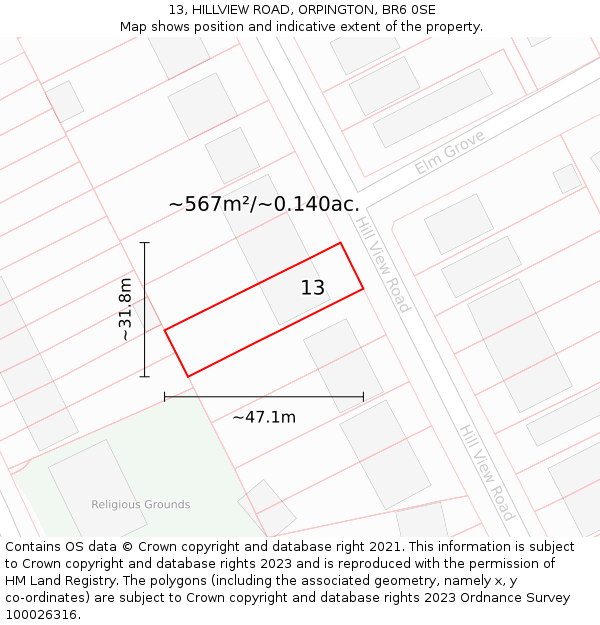 13, HILLVIEW ROAD, ORPINGTON, BR6 0SE: Plot and title map
