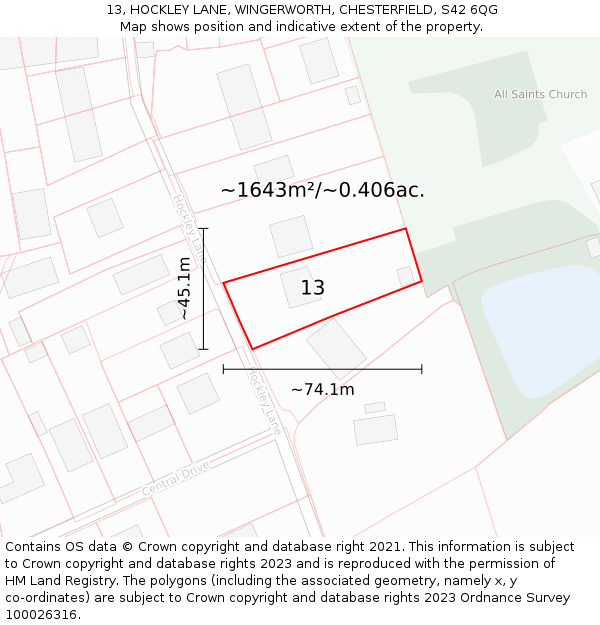 13, HOCKLEY LANE, WINGERWORTH, CHESTERFIELD, S42 6QG: Plot and title map