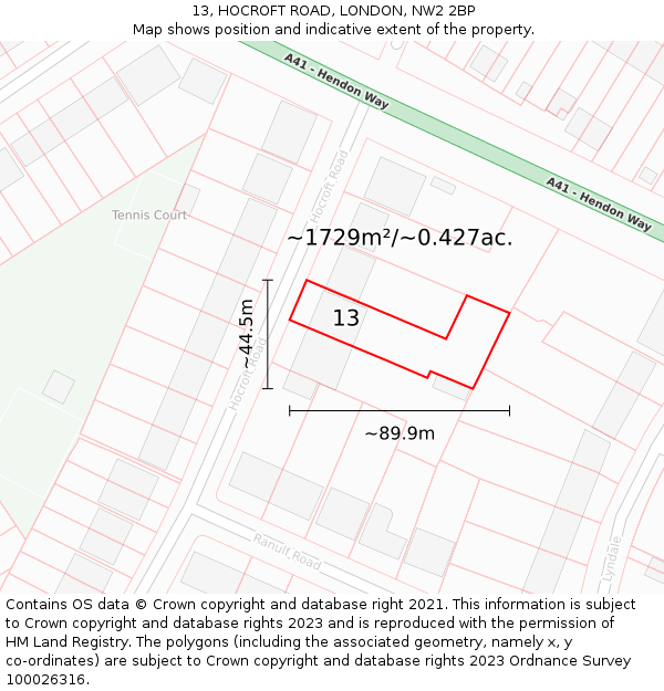 13, HOCROFT ROAD, LONDON, NW2 2BP: Plot and title map