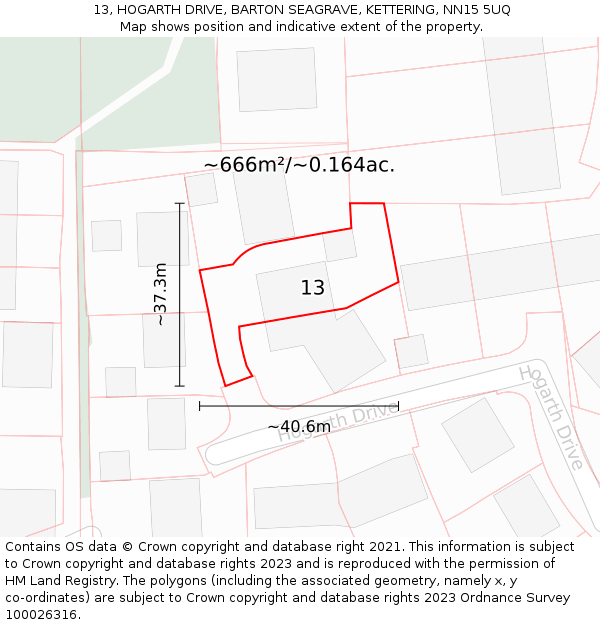 13, HOGARTH DRIVE, BARTON SEAGRAVE, KETTERING, NN15 5UQ: Plot and title map