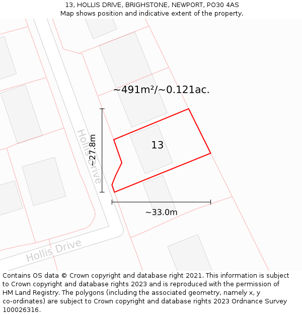 13, HOLLIS DRIVE, BRIGHSTONE, NEWPORT, PO30 4AS: Plot and title map
