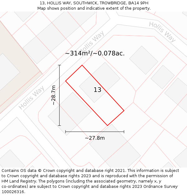 13, HOLLIS WAY, SOUTHWICK, TROWBRIDGE, BA14 9PH: Plot and title map