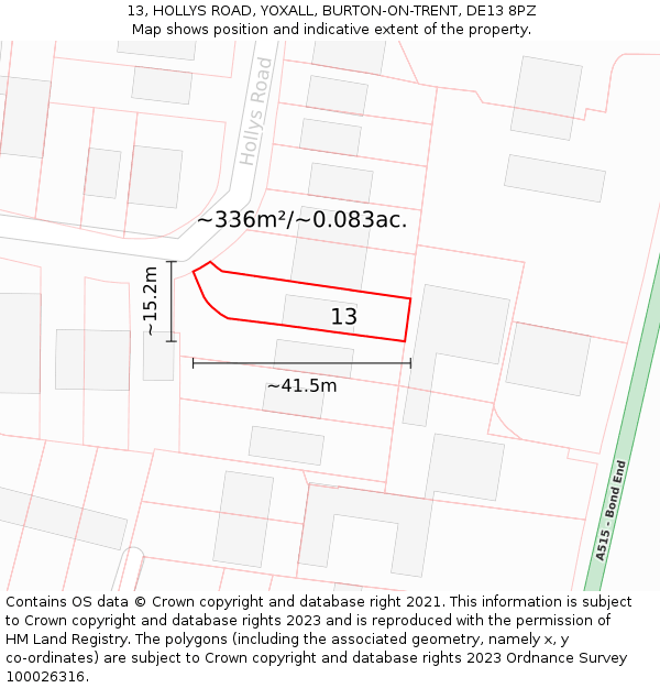 13, HOLLYS ROAD, YOXALL, BURTON-ON-TRENT, DE13 8PZ: Plot and title map