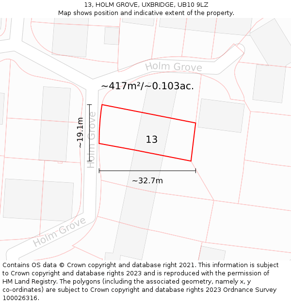 13, HOLM GROVE, UXBRIDGE, UB10 9LZ: Plot and title map