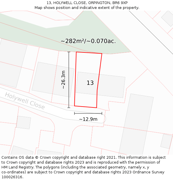 13, HOLYWELL CLOSE, ORPINGTON, BR6 9XP: Plot and title map